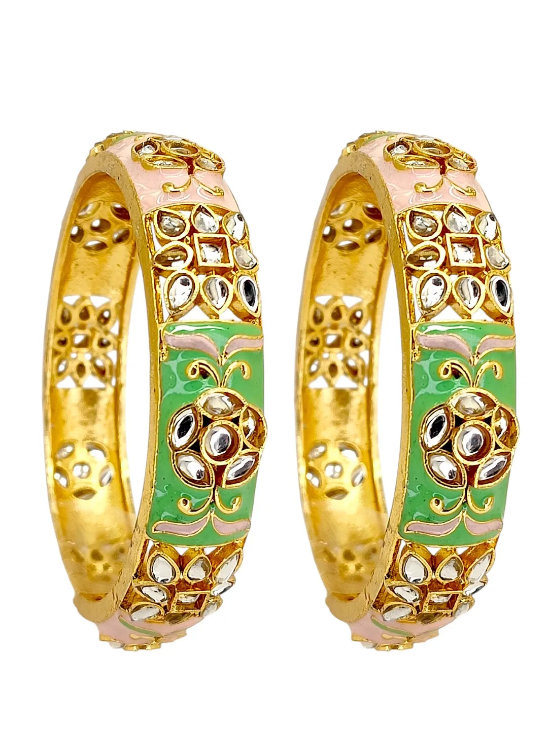 Gold Plated Set Of 2 Kundan Enamel Kada Bangles