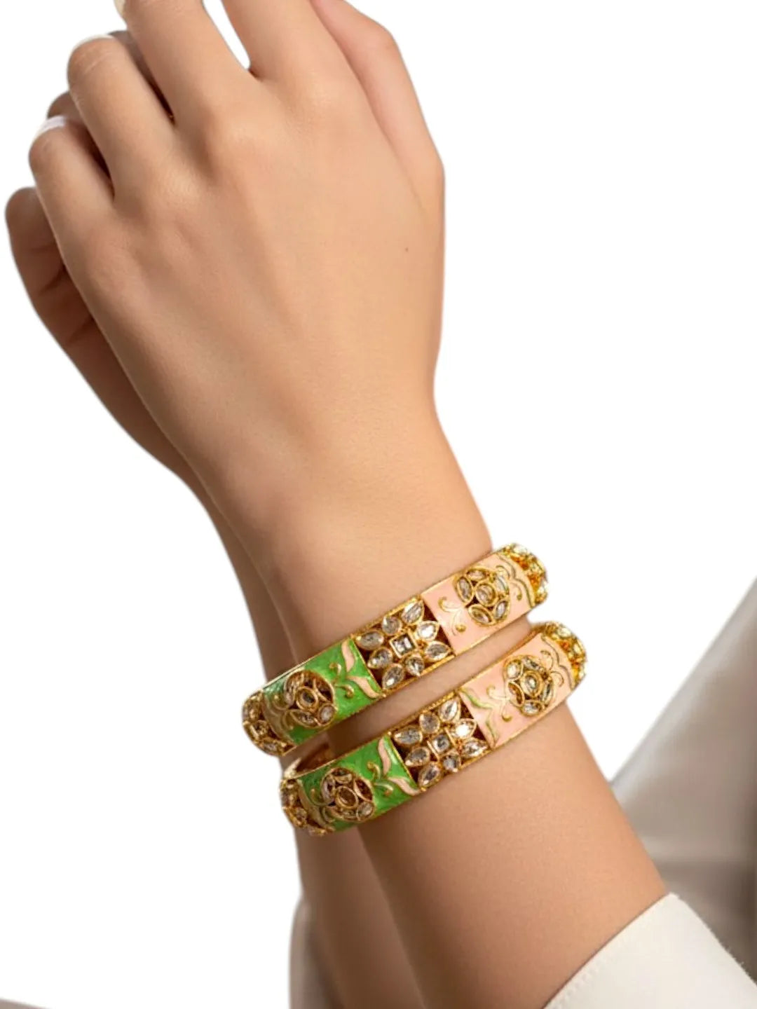 Gold Plated Set Of 2 Kundan Enamel Kada Bangles
