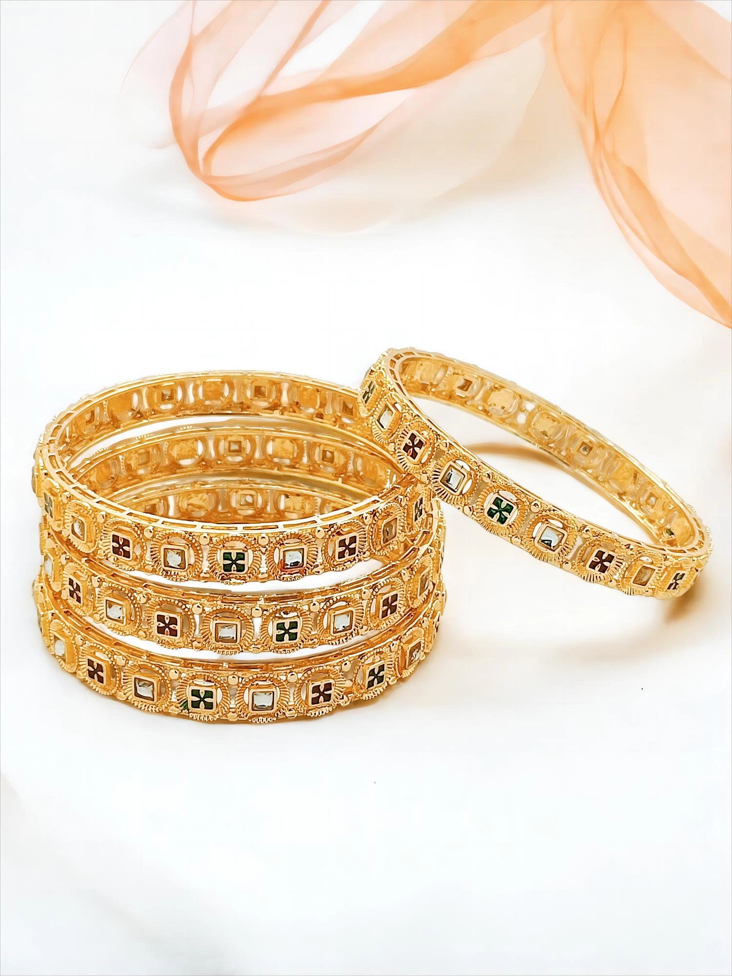 Gold Plated Kundan Meenakari  4Pc Bangle