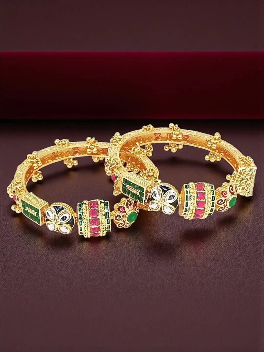 Set Of 2 Gold Plated Kundan Stone Studded Bangle