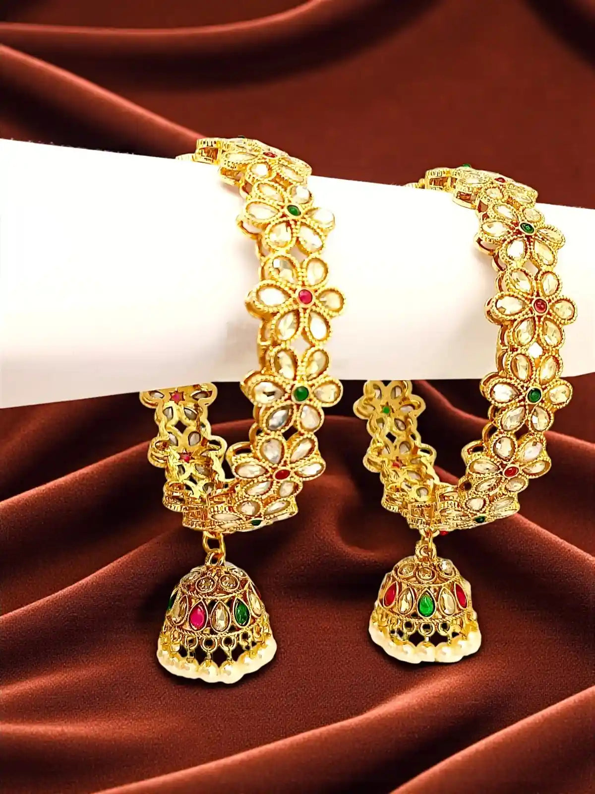 Set Of 2 Gold Plated Cubic Zircon Stone Studded & Beaded Bangle