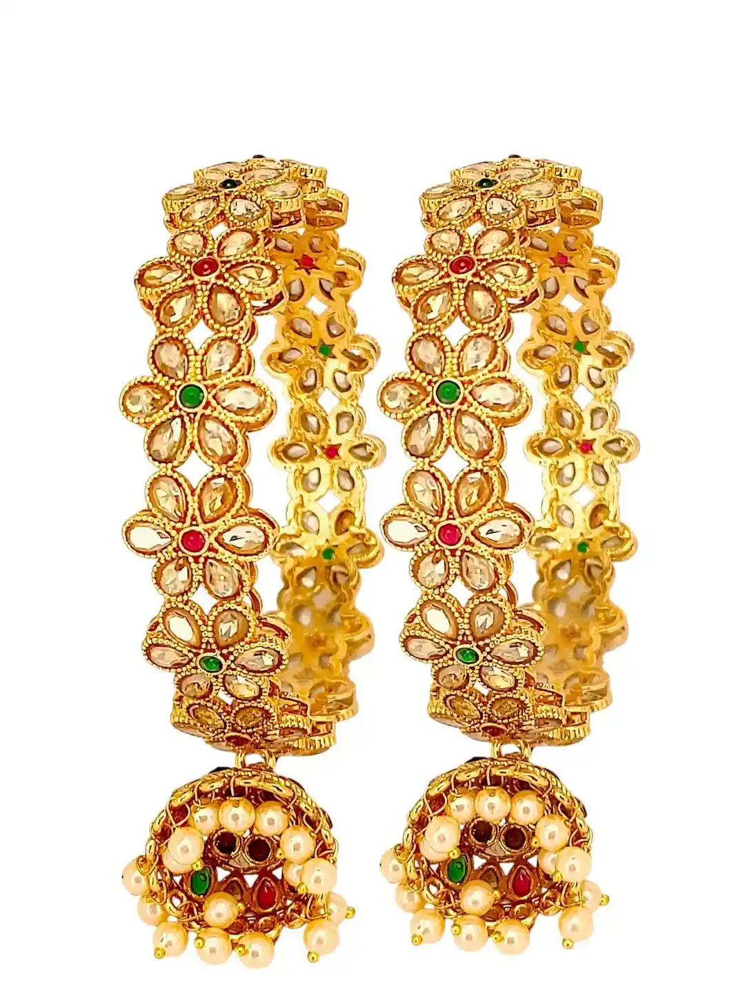 Set Of 2 Gold Plated Cubic Zircon Stone Studded & Beaded Bangle