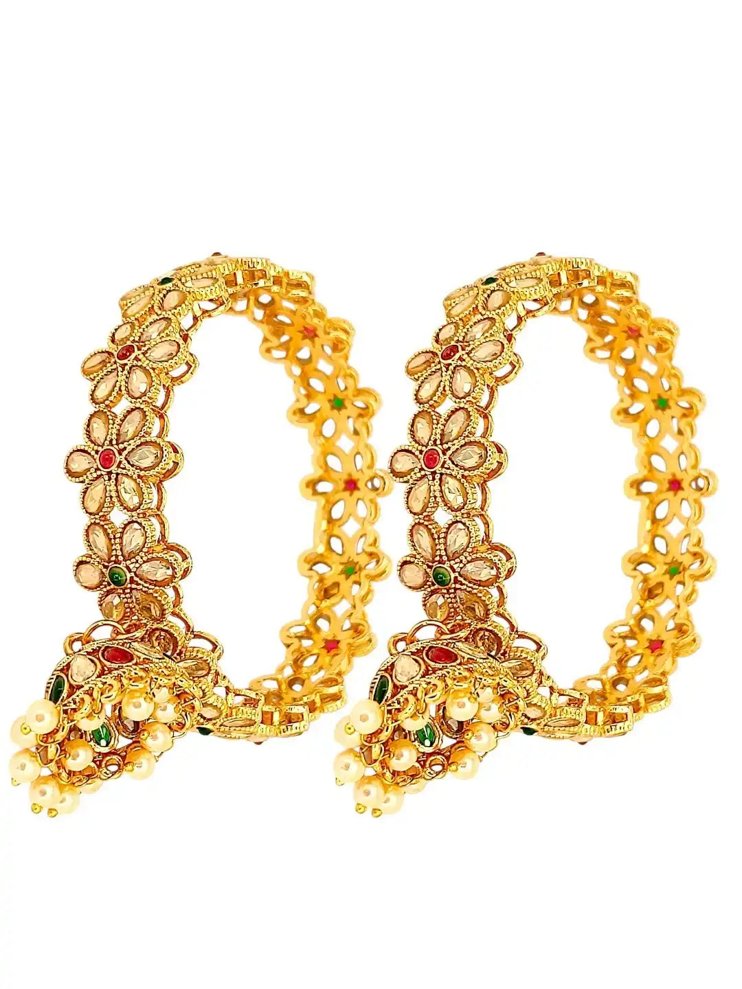 Set Of 2 Gold Plated Cubic Zircon Stone Studded & Beaded Bangle