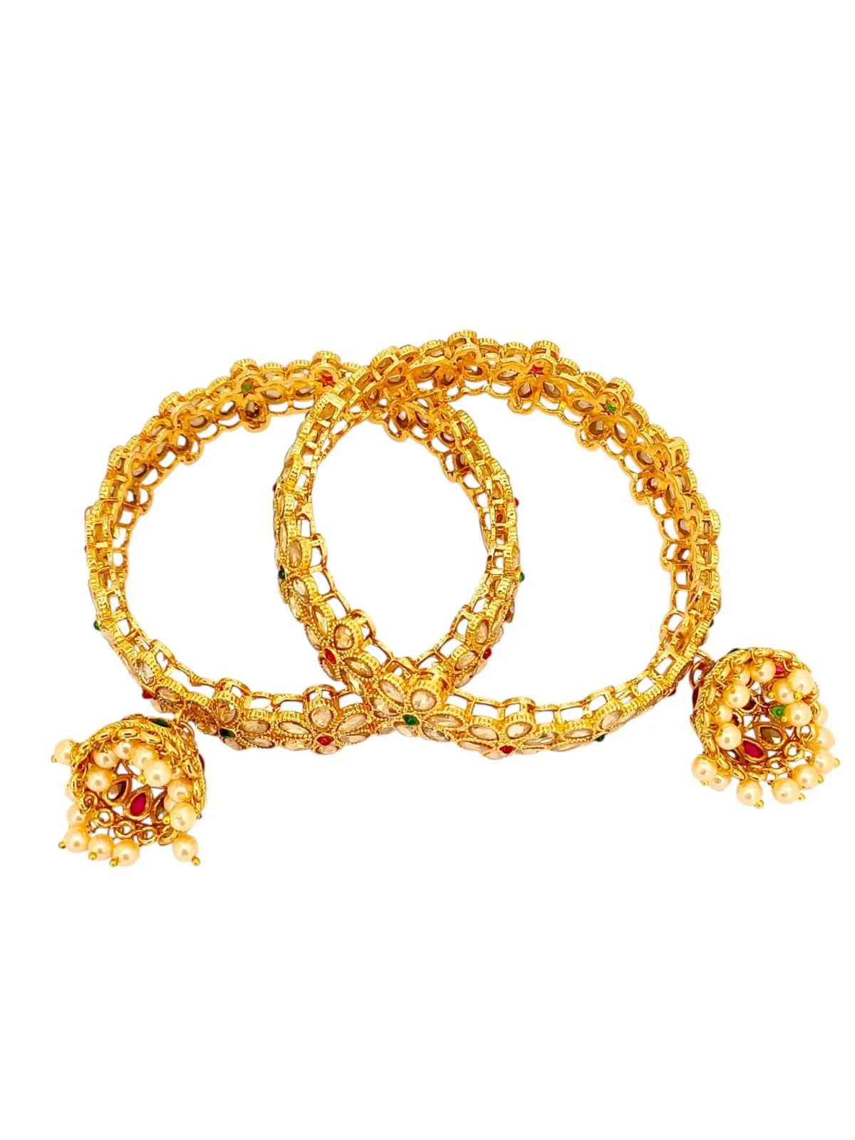 Set Of 2 Gold Plated Cubic Zircon Stone Studded & Beaded Bangle