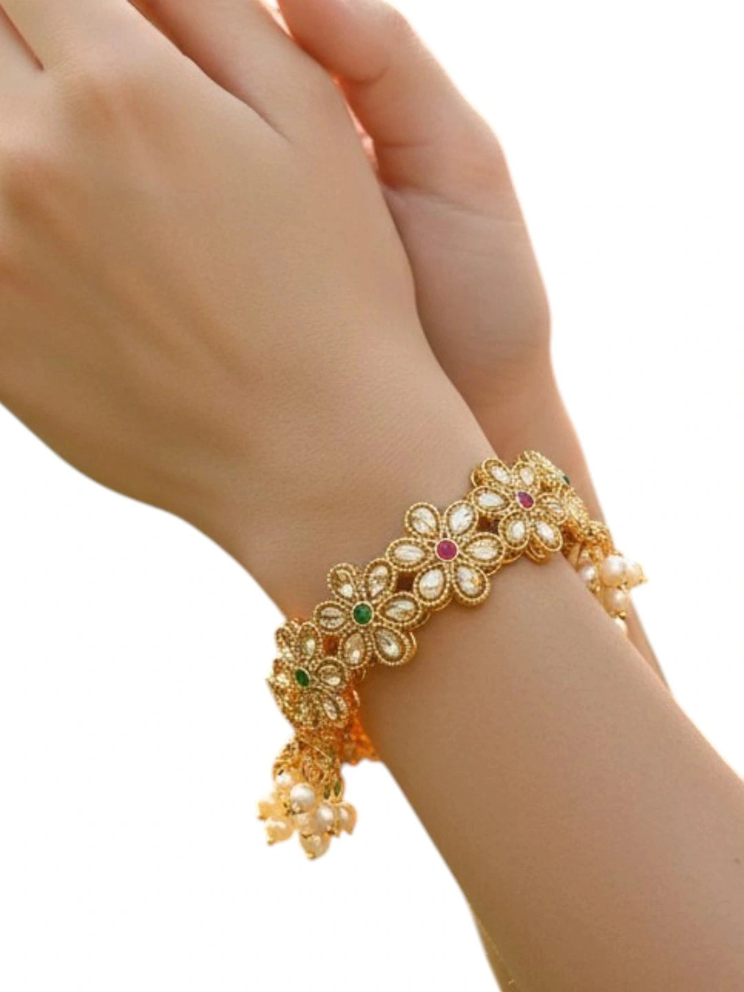 Set Of 2 Gold Plated Cubic Zircon Stone Studded & Beaded Bangle