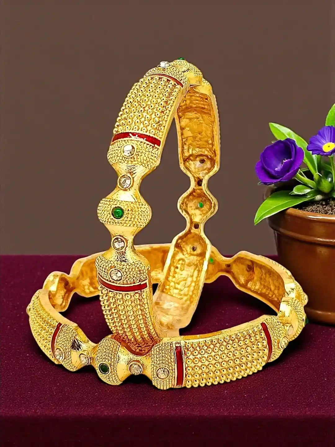 Set Of 2 Gold Plated Stone Studded Designer Bangle