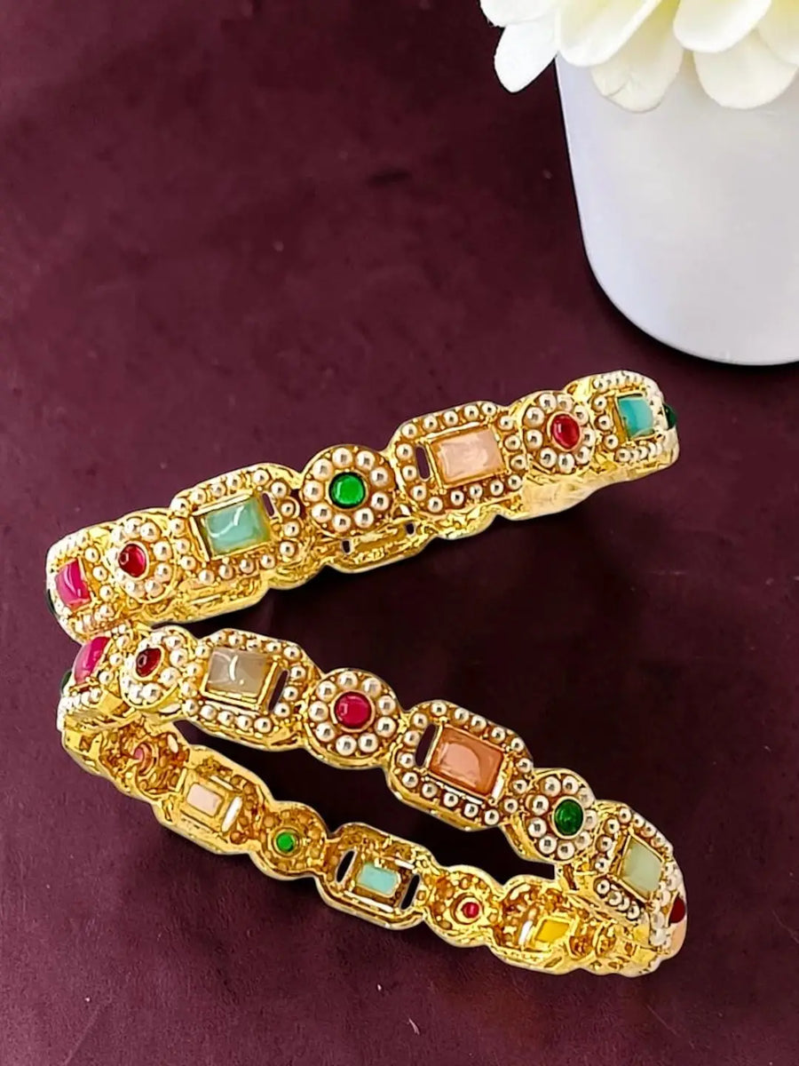 Set Of 2 Gold Plated Multicolor Stone Bangles