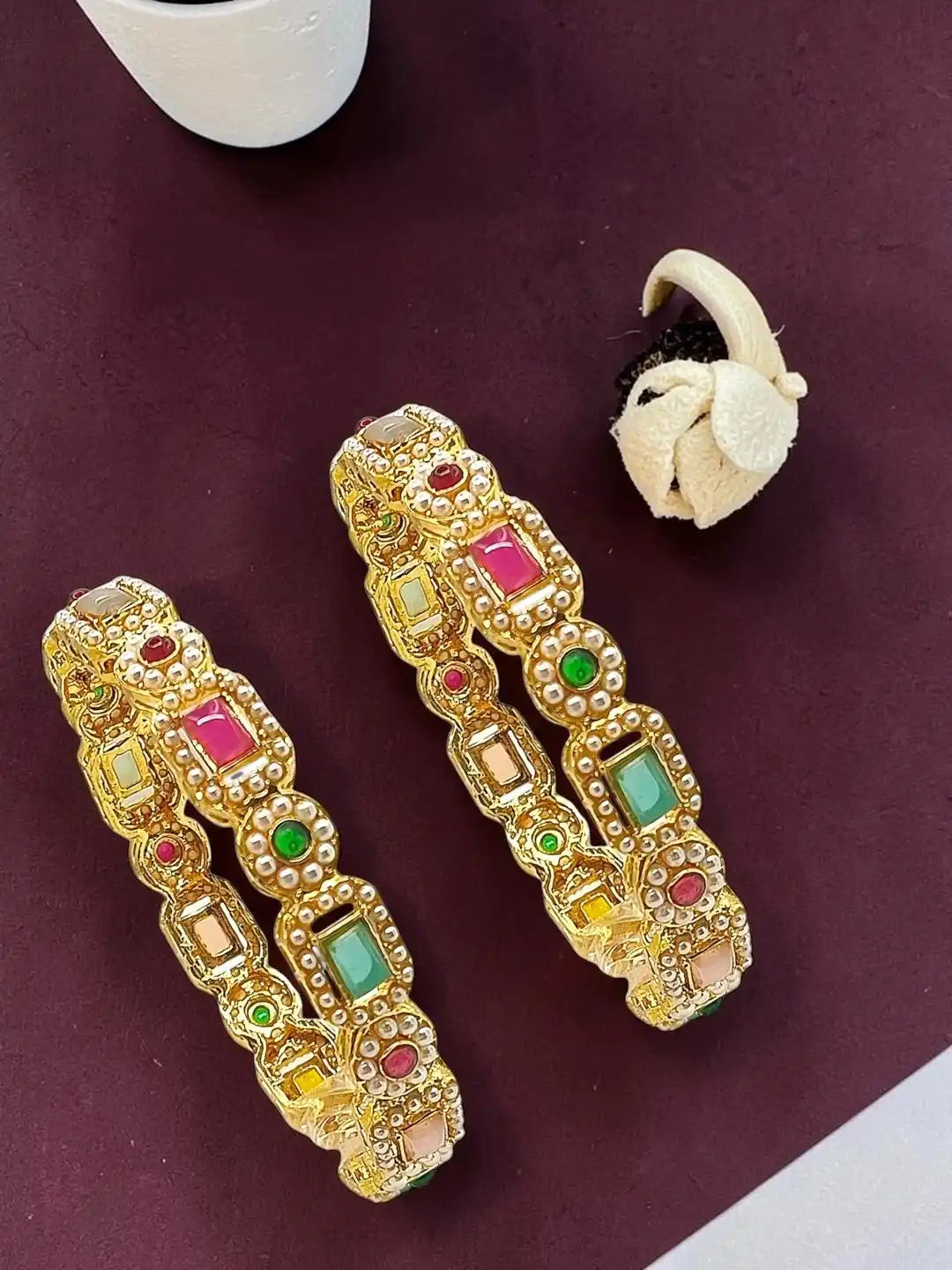 Set Of 2 Gold Plated Multicolor Stone Bangles