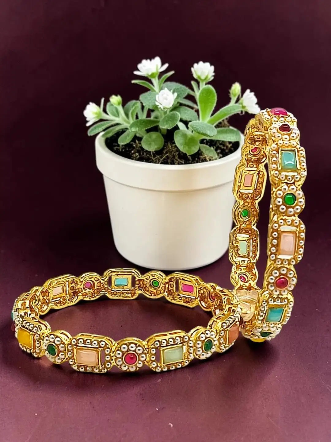 Set Of 2 Gold Plated Multicolor Stone Bangles