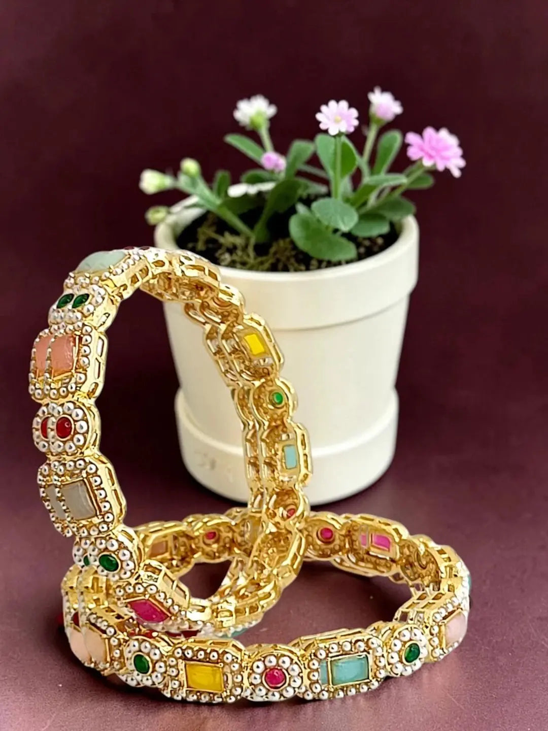 Set Of 2 Gold Plated Multicolor Stone Bangles