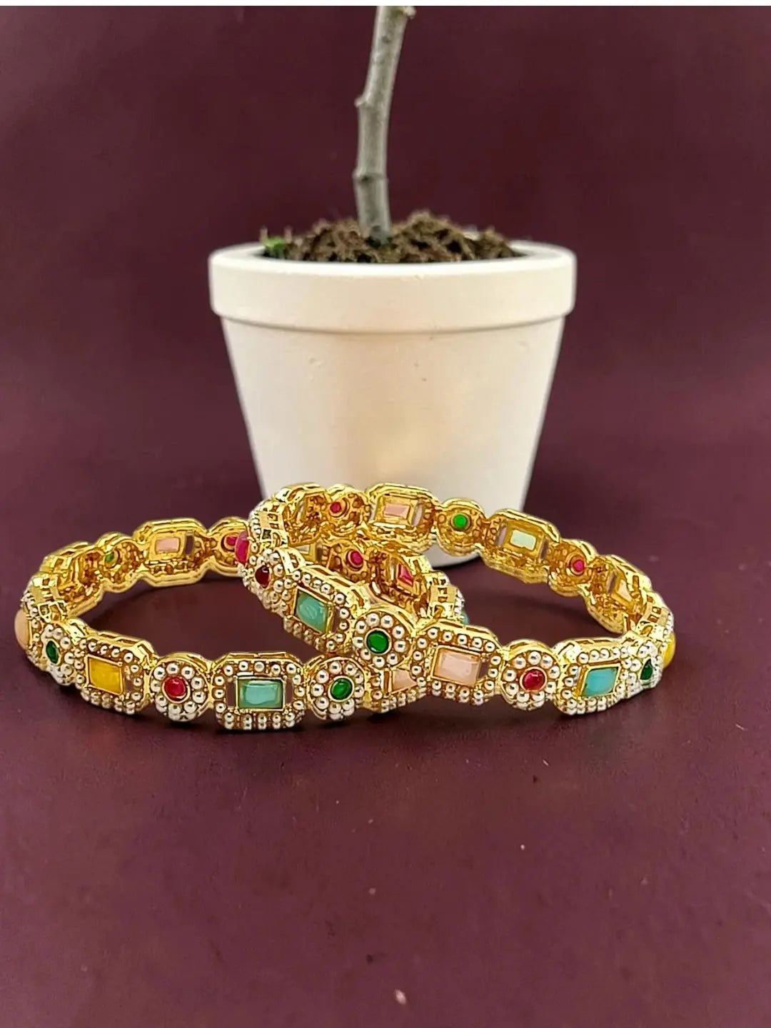 Set Of 2 Gold Plated Multicolor Stone Bangles