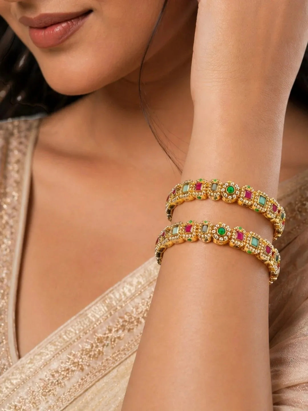 Set Of 2 Gold Plated Multicolor Stone Bangles