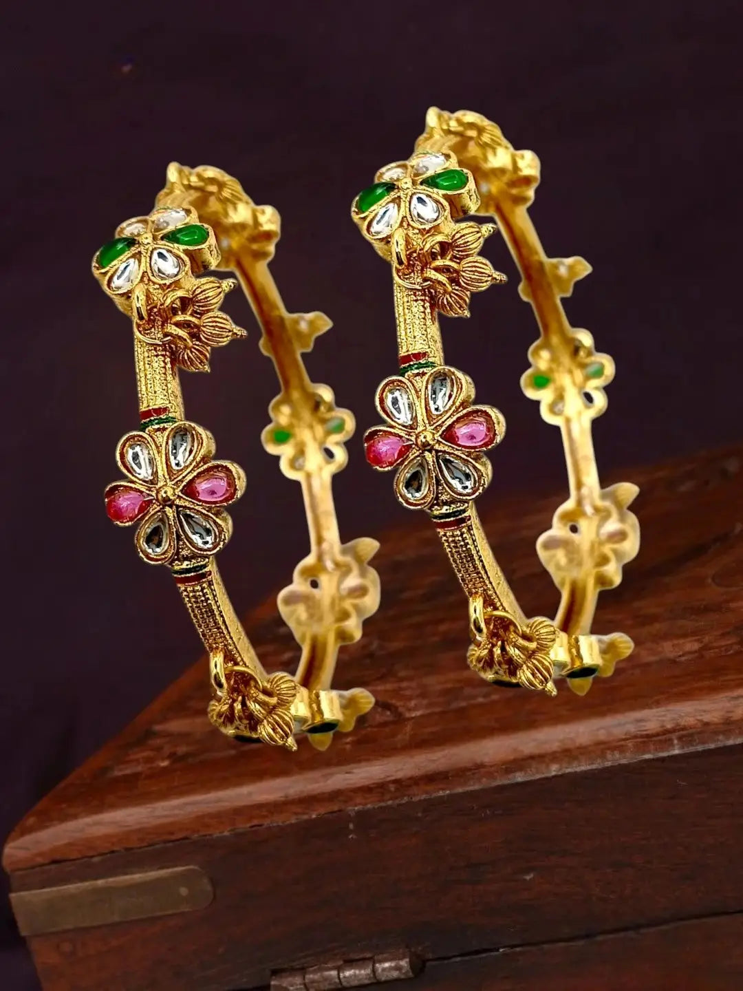 Set Of 2 Gold Plated Kundan Kashmiri Bangles