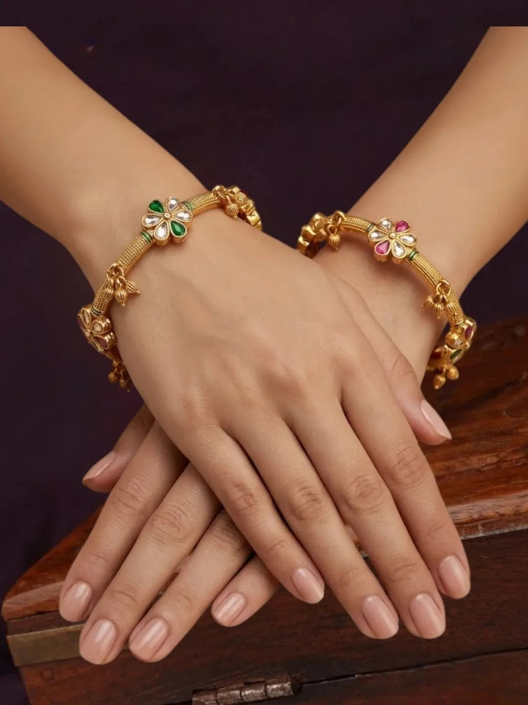 Set Of 2 Gold Plated Kundan Kashmiri Bangles
