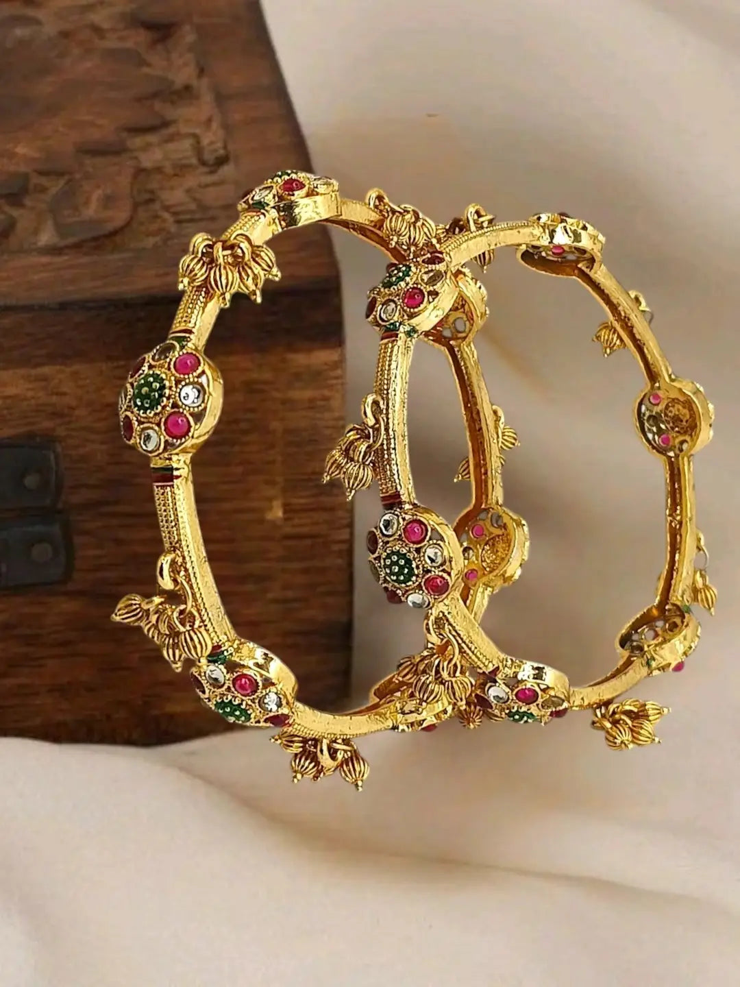 Set Of 2 Gold Plated CZ Meenakari Kashmiri Bangles