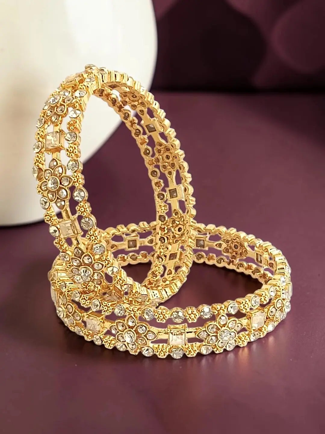 Gold Plated Set Of 2 Floral Motif CZ Bangle Set