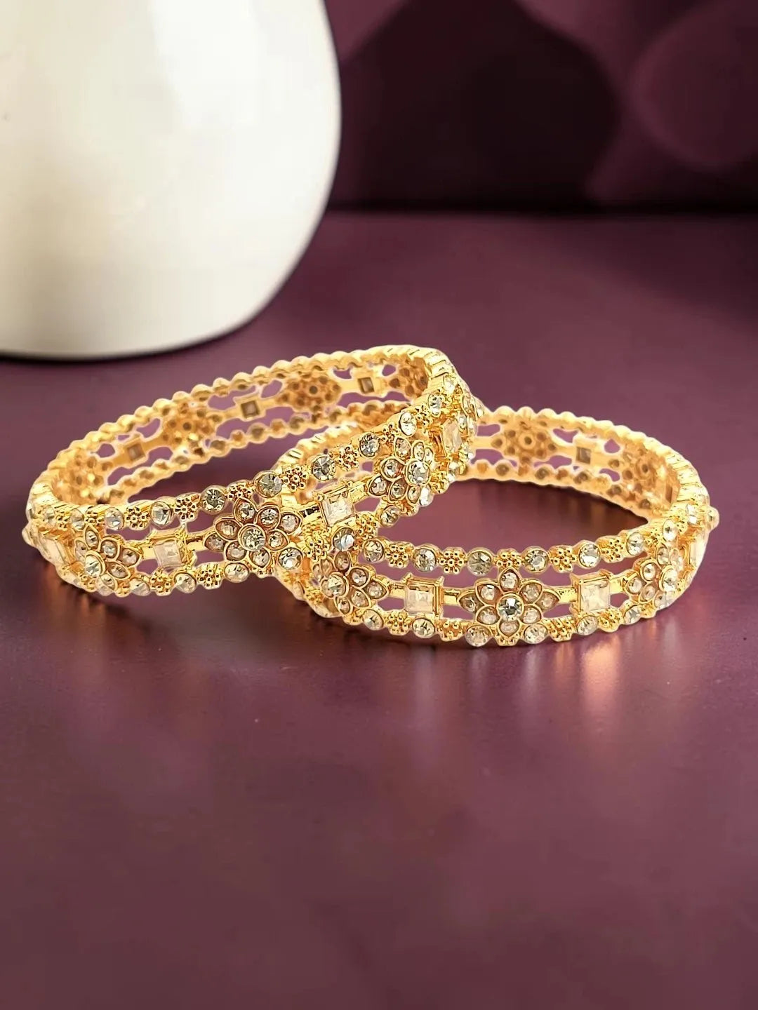 Gold Plated Set Of 2 Floral Motif CZ Bangle Set