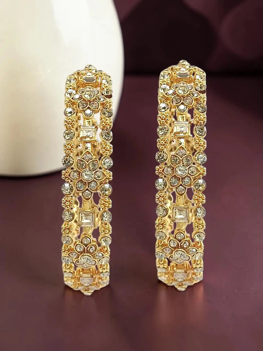 Gold Plated Set Of 2 Floral Motif CZ Bangle Set