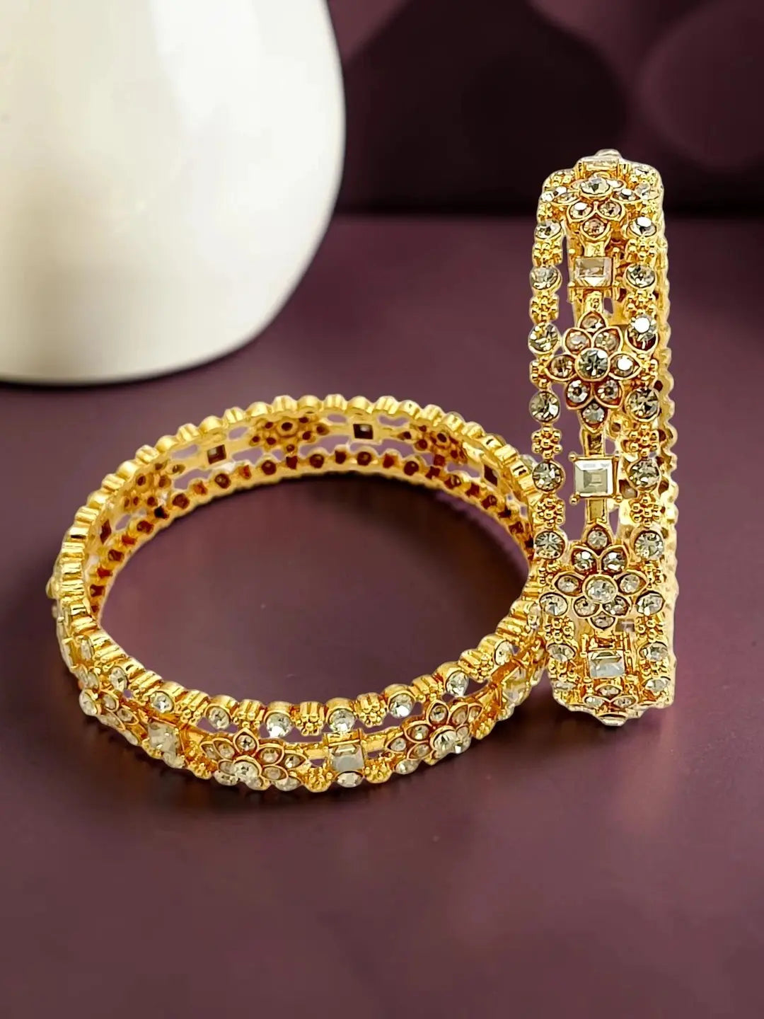 Gold Plated Set Of 2 Floral Motif CZ Bangle Set