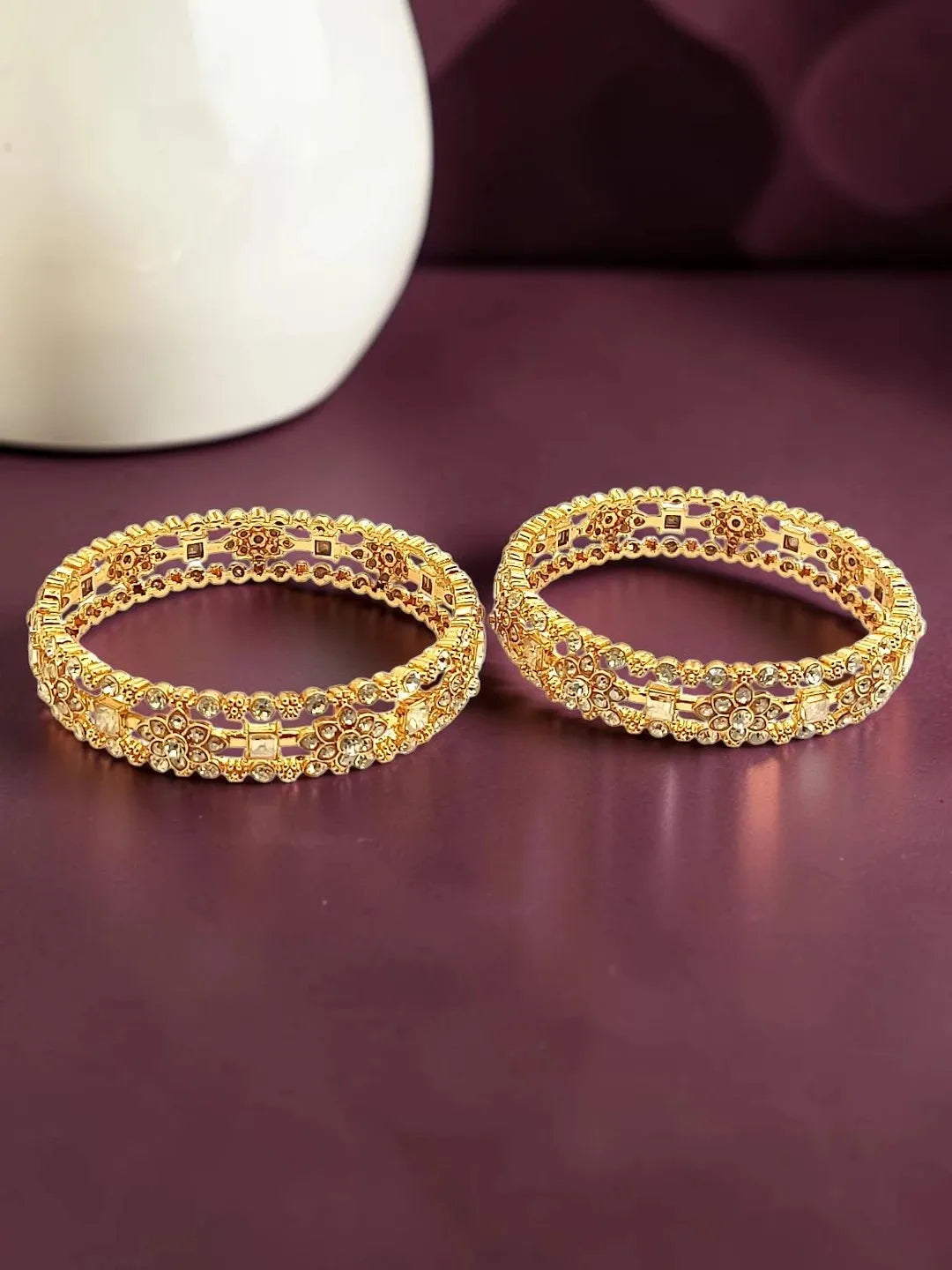 Gold Plated Set Of 2 Floral Motif CZ Bangle Set
