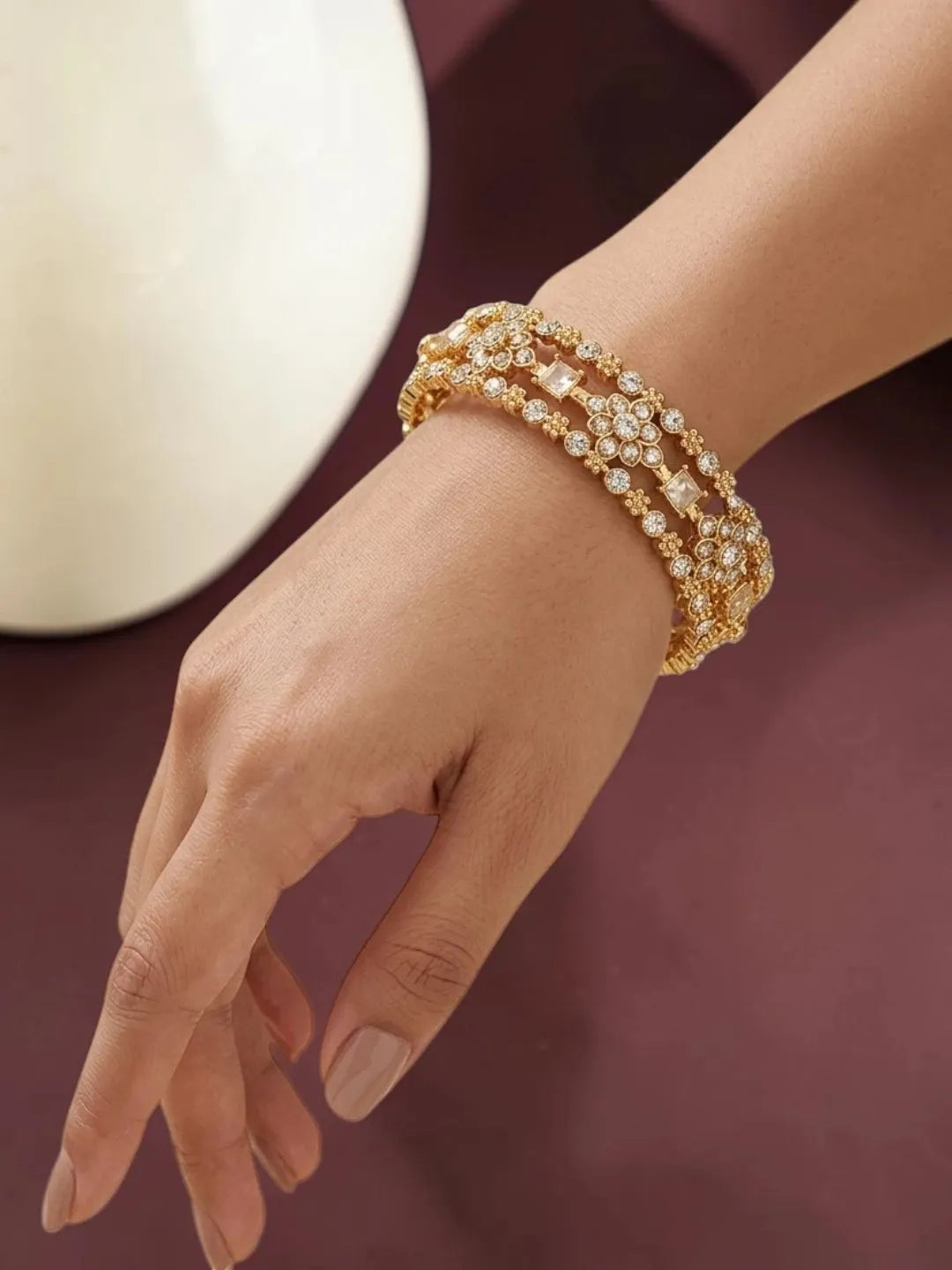 Gold Plated Set Of 2 Floral Motif CZ Bangle Set
