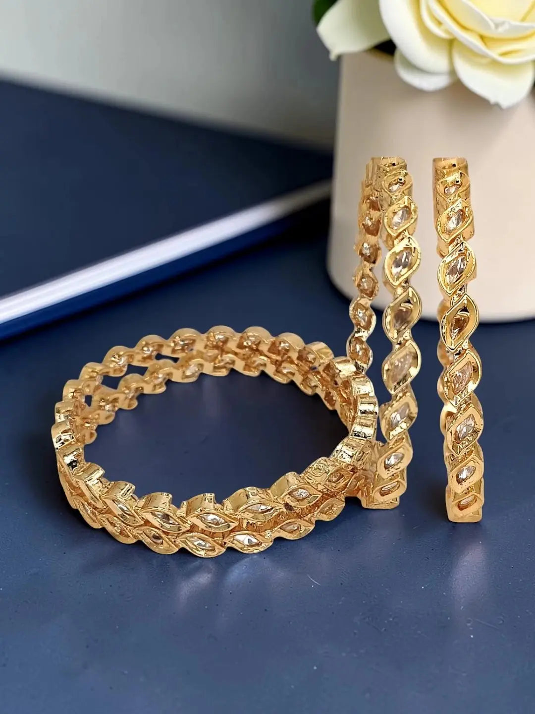 Set Of 4 Gold Plated Zigzag Moissanite Bangles