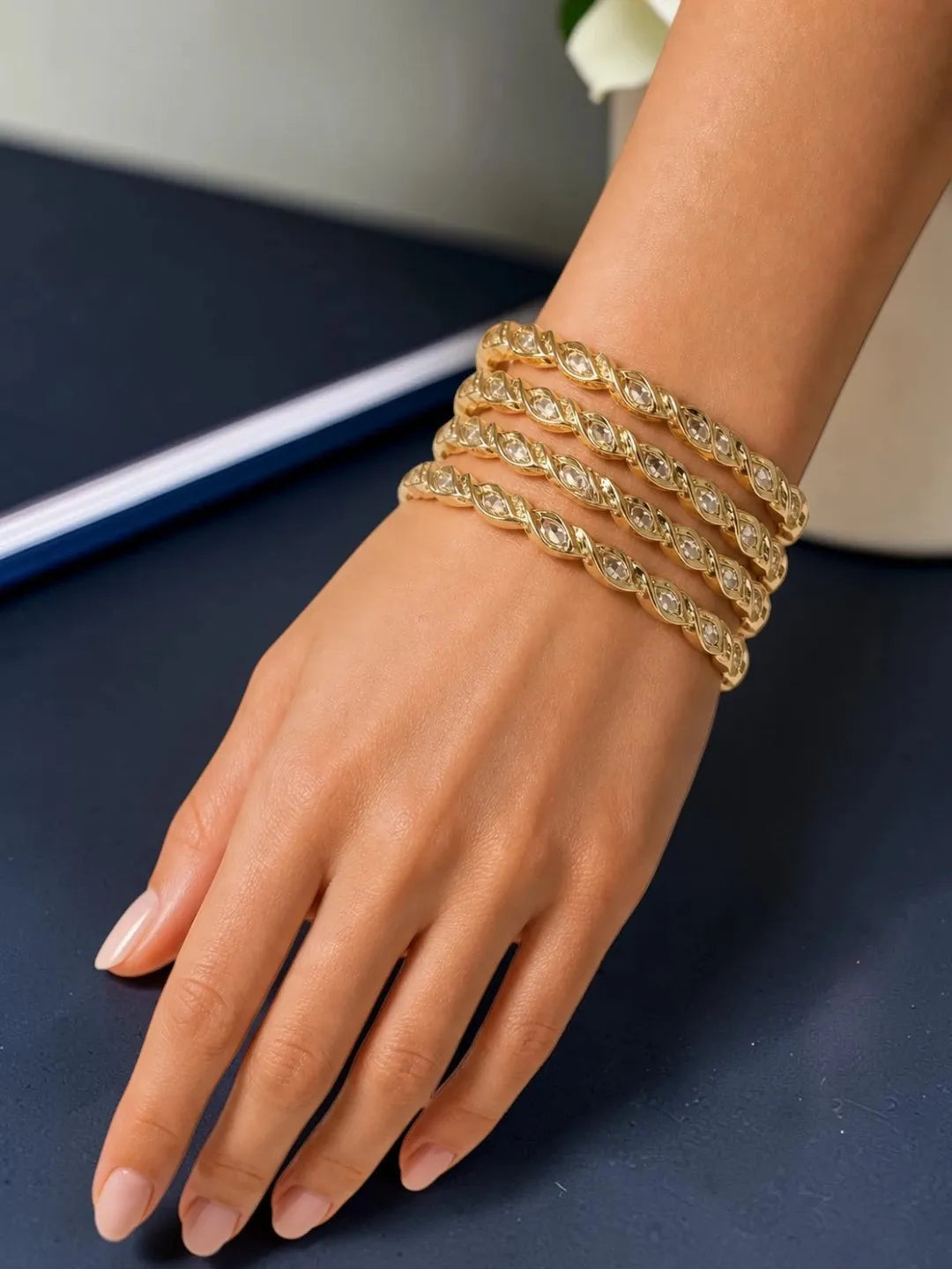 Set Of 4 Gold Plated Zigzag Moissanite Bangles
