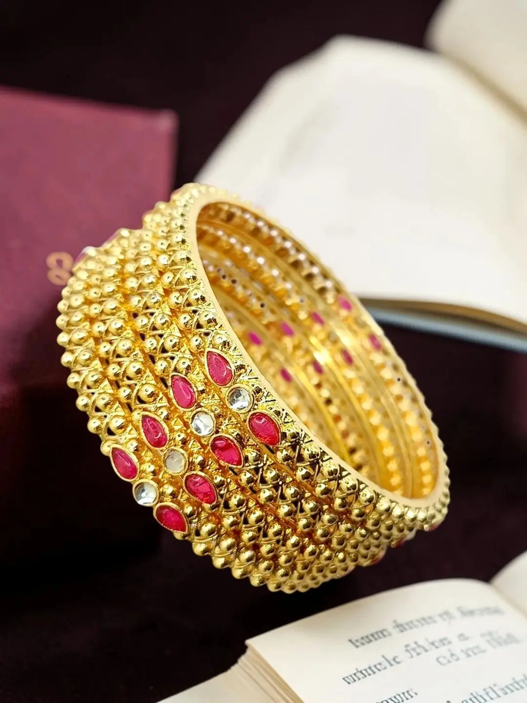 Gold Plated Set Of 4 Kundan Ball Design Bangles