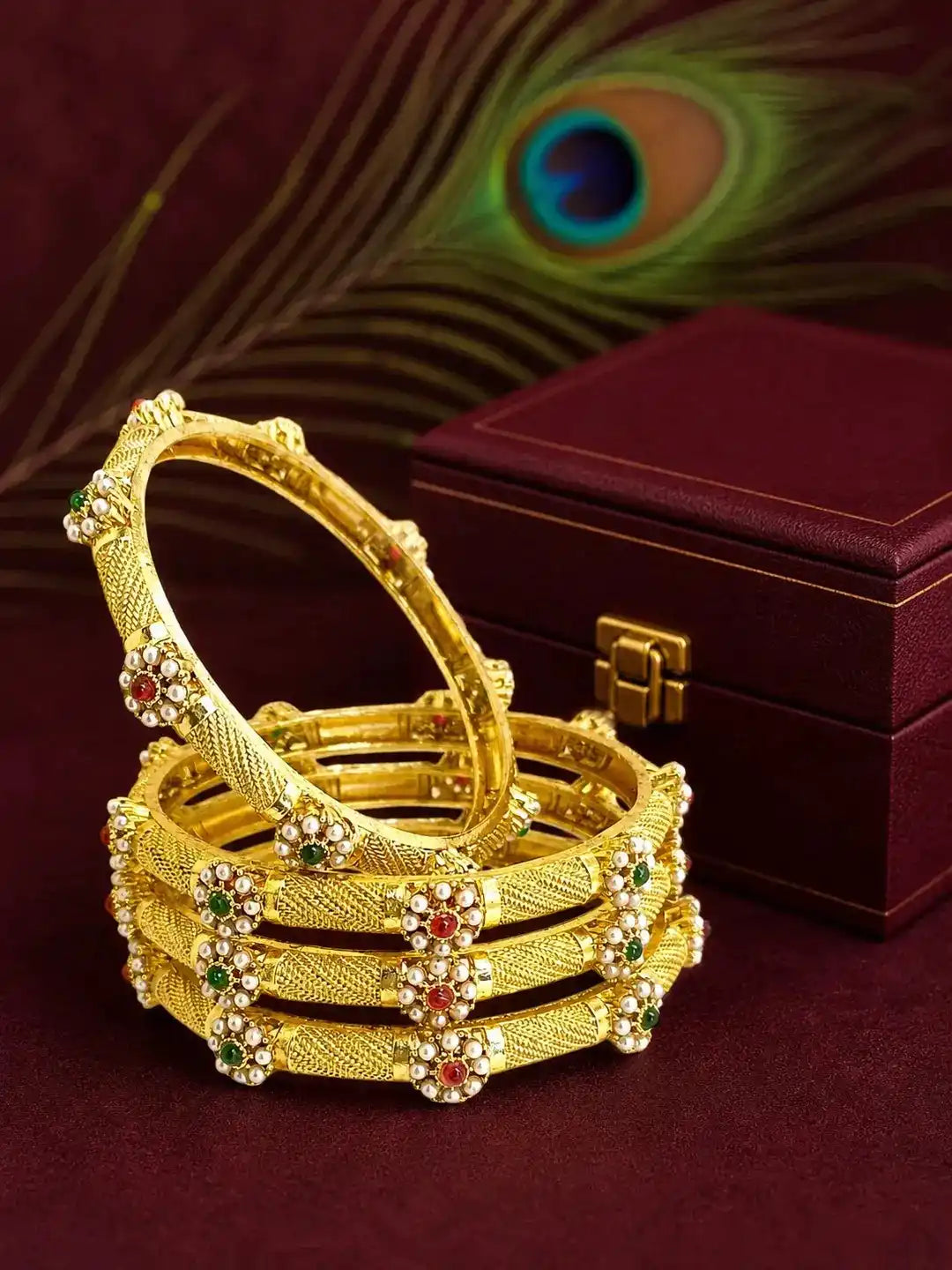 Set Of 4 Gold Plated Floral Bead Studded