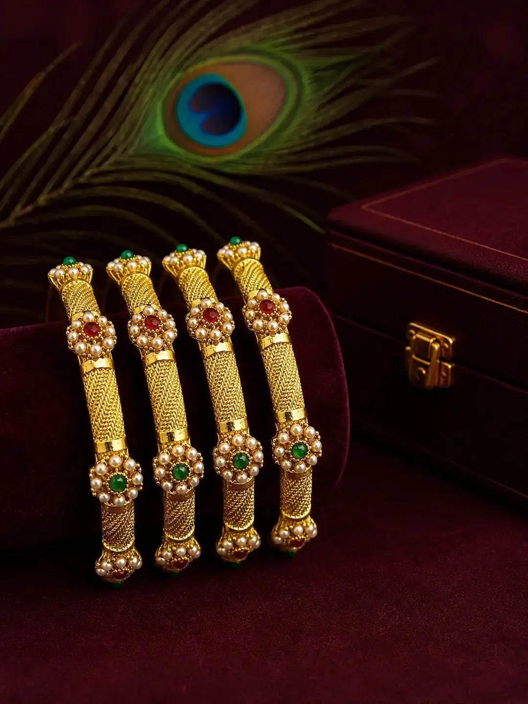 Set Of 4 Gold Plated Floral Bead Studded