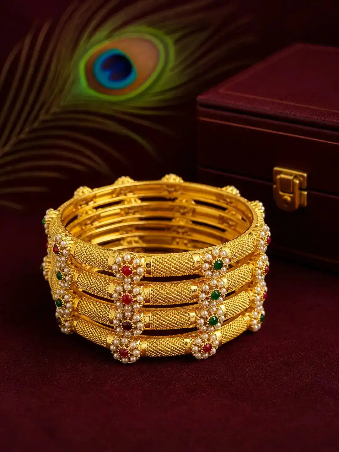 Set Of 4 Gold Plated Floral Bead Studded