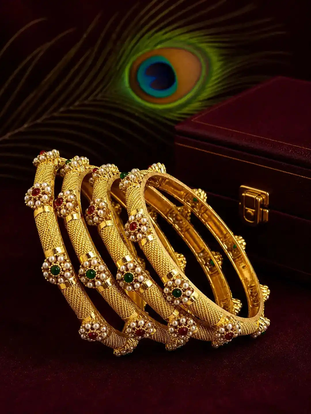 Set Of 4 Gold Plated Floral Bead Studded