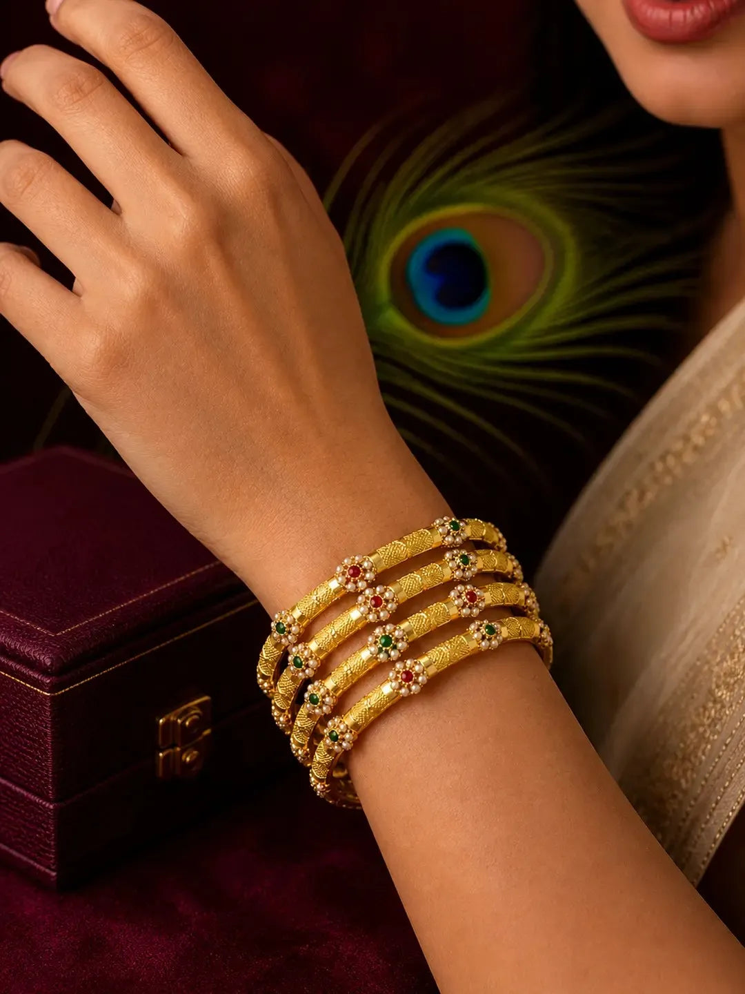 Set Of 4 Gold Plated Floral Bead Studded