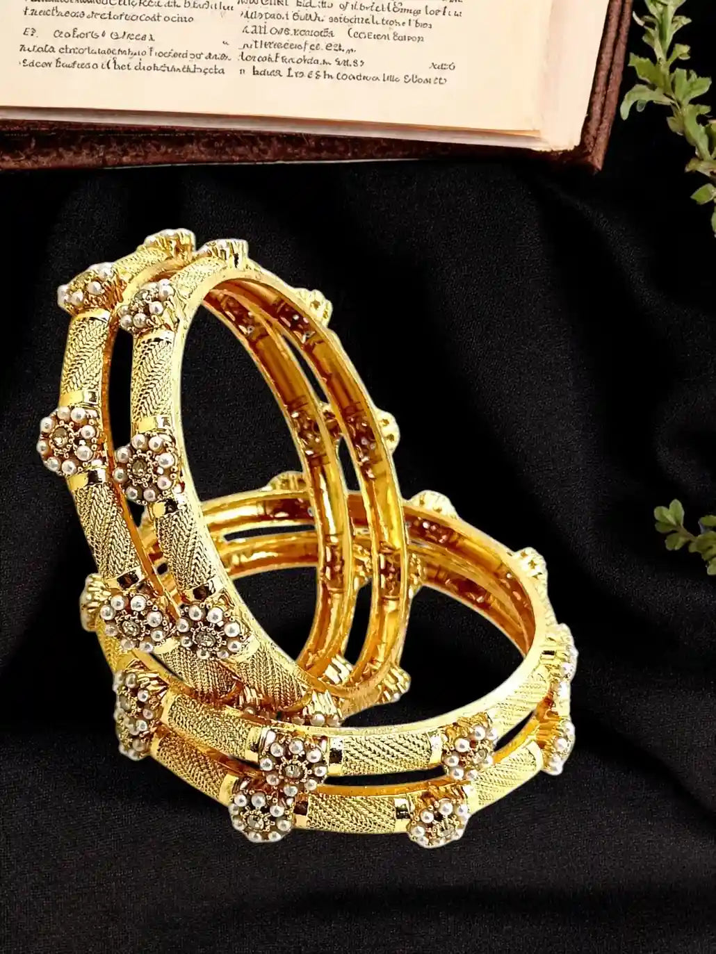 Gold Plated Set Of 4 Floral Beaded Bangle Set