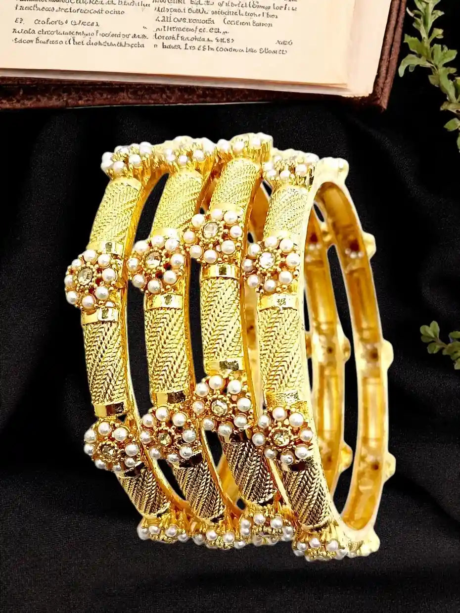 Gold Plated Set Of 4 Floral Beaded Bangle Set