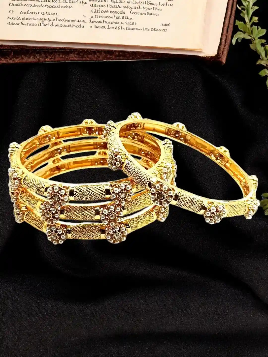 Gold Plated Set Of 4 Floral Beaded Bangle Set