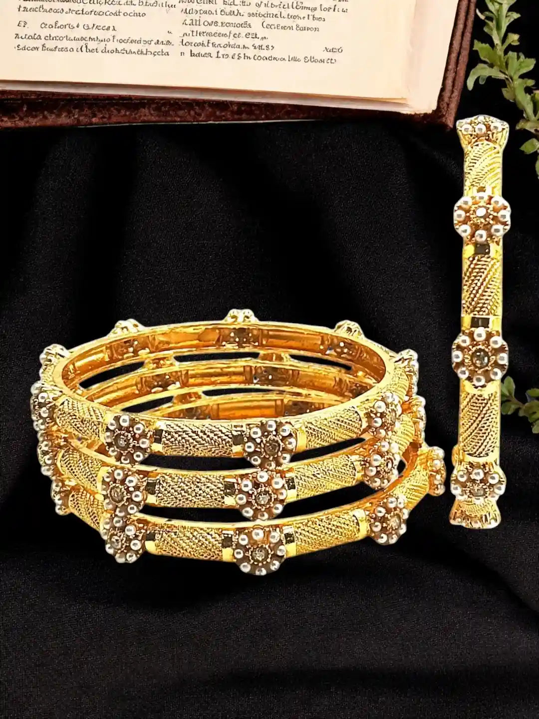 Gold Plated Set Of 4 Floral Beaded Bangle Set