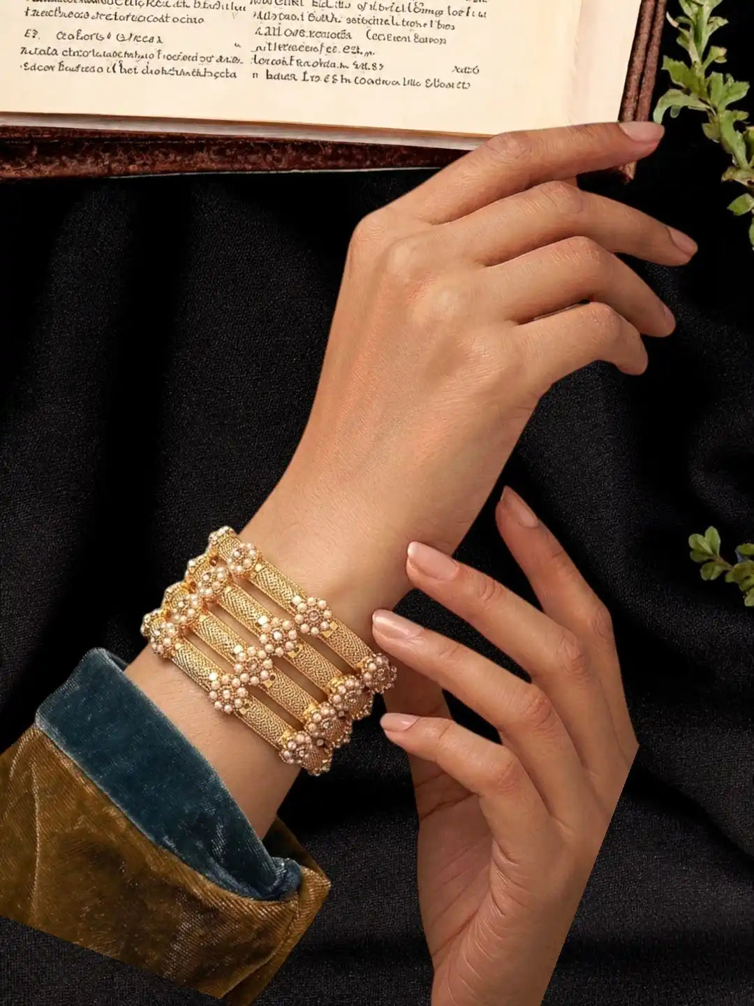 Gold Plated Set Of 4 Floral Beaded Bangle Set