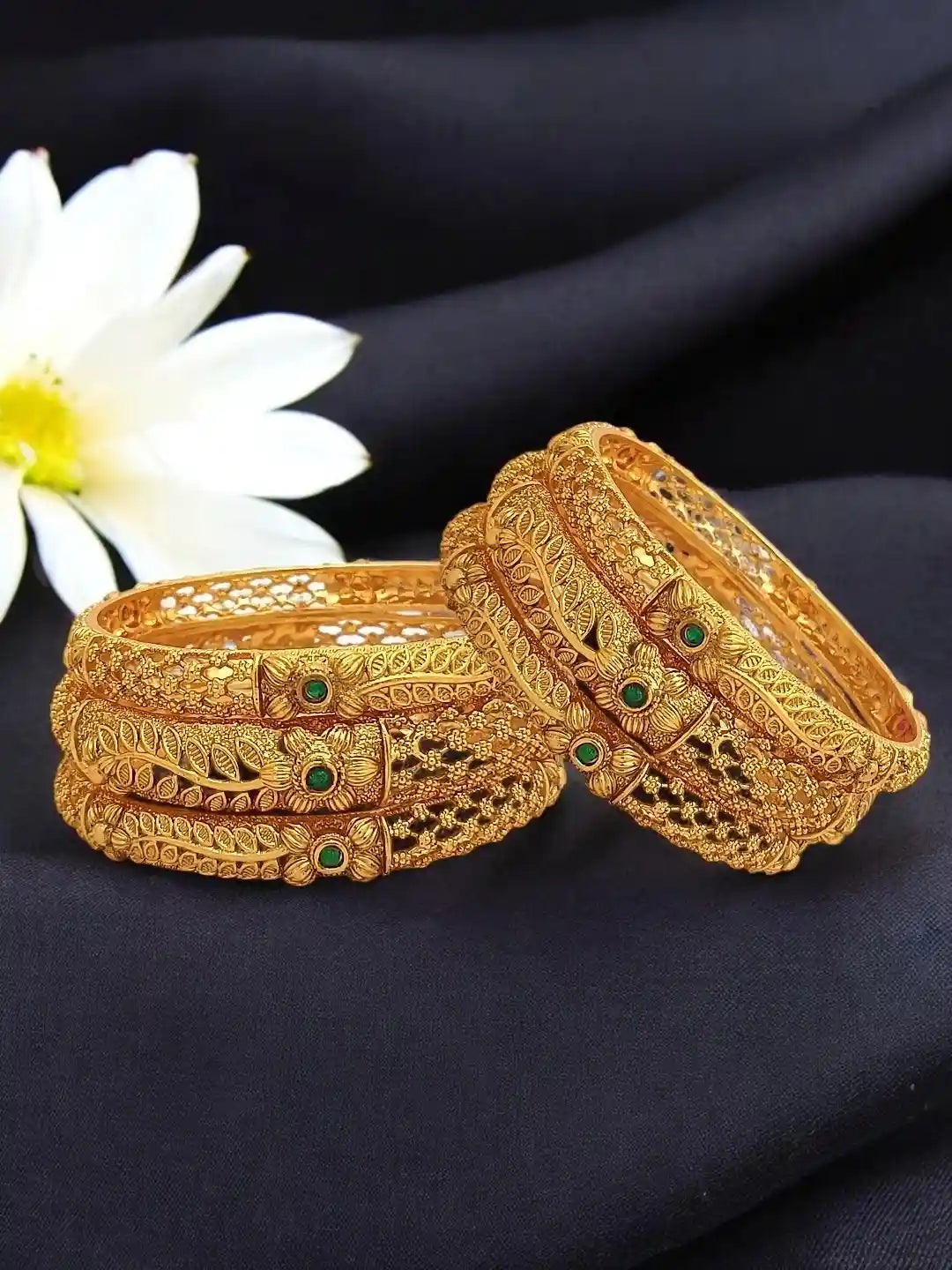 Set Of 6 Gold-Plated Floral Stone Studded Bangles