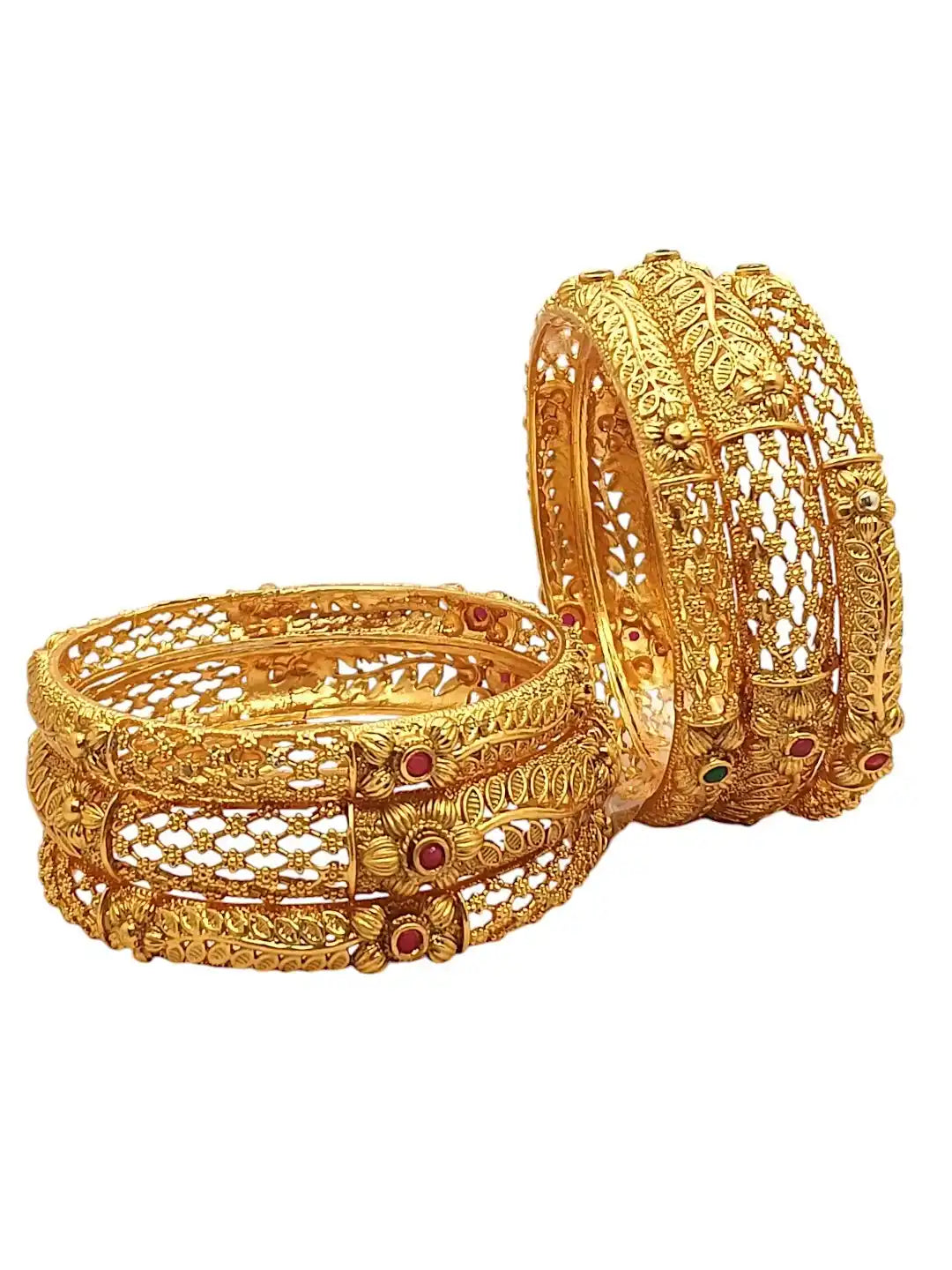 Set Of 6 Gold-Plated Floral Stone Studded Bangles