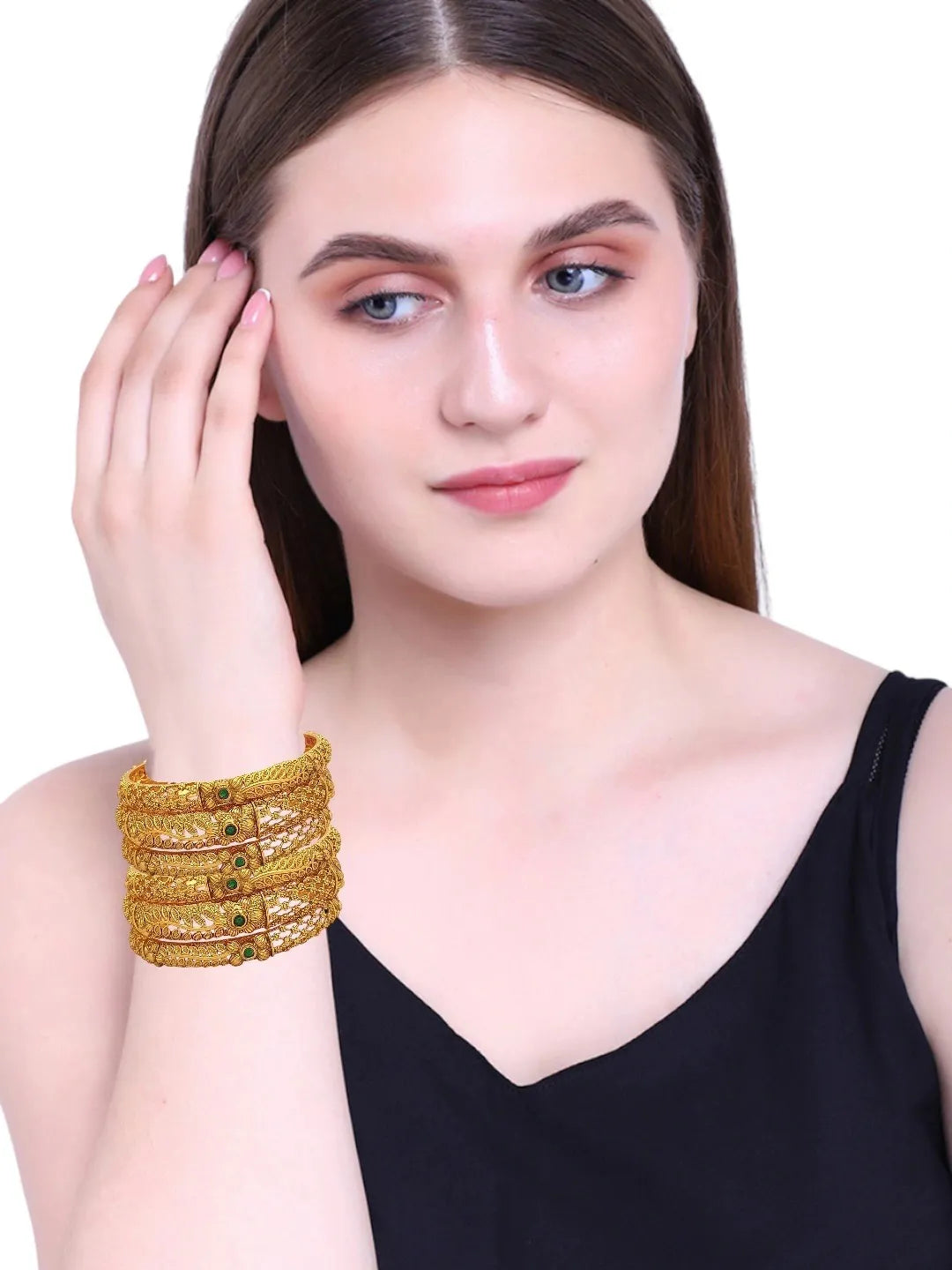 Set Of 6 Gold-Plated Floral Stone Studded Bangles