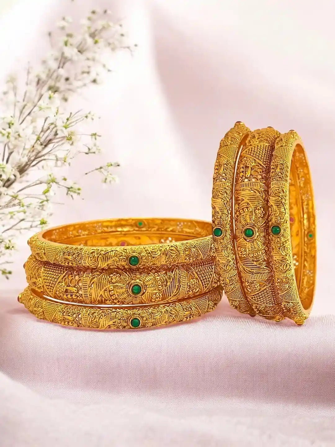 Set Of 6 Gold-Plated Green Stone Studded Bangles