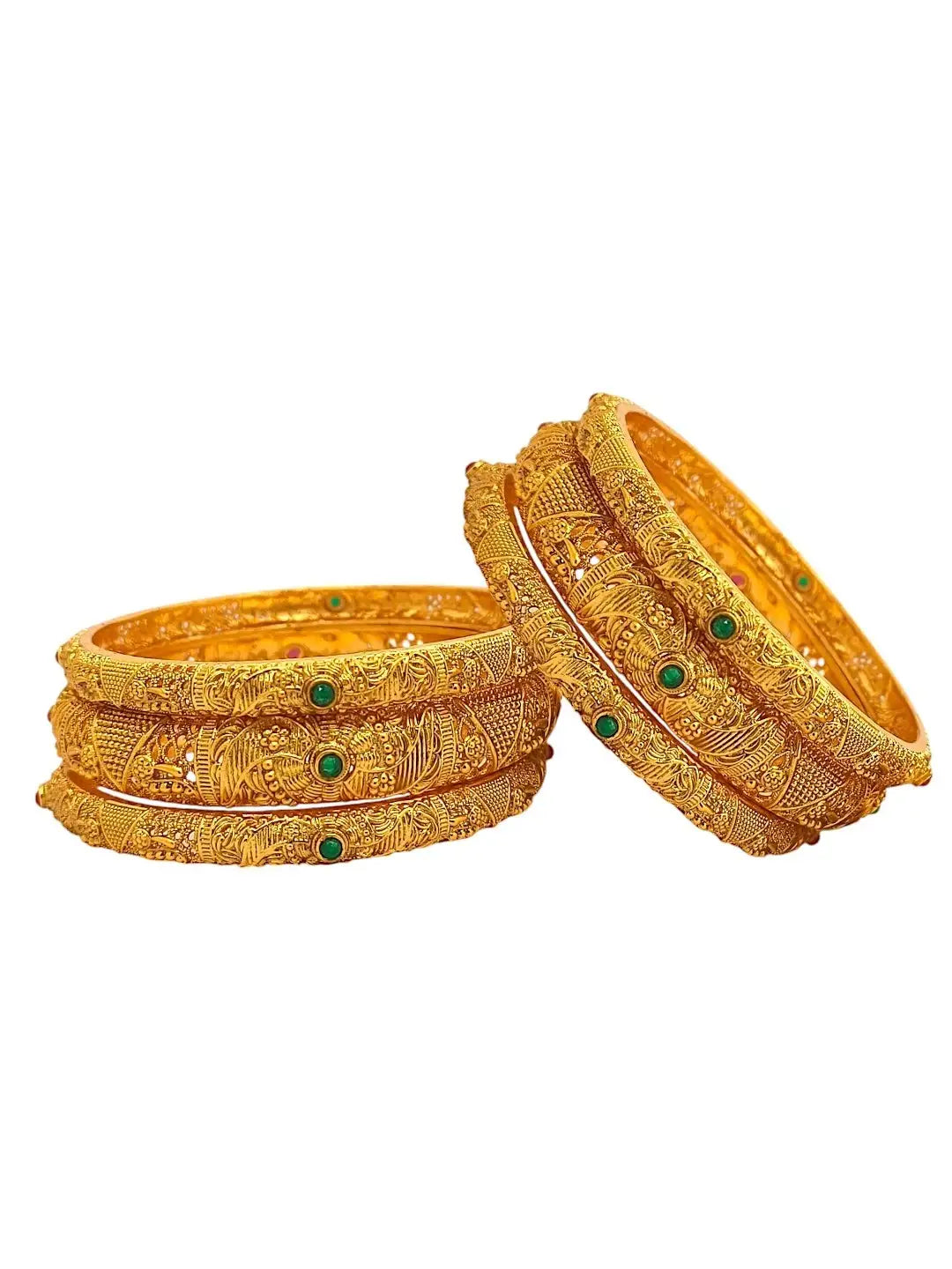 Set Of 6 Gold-Plated Green Stone Studded Bangles