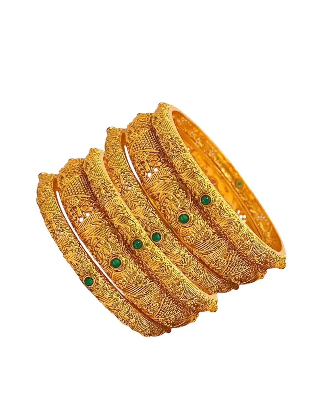 Set Of 6 Gold-Plated Green Stone Studded Bangles