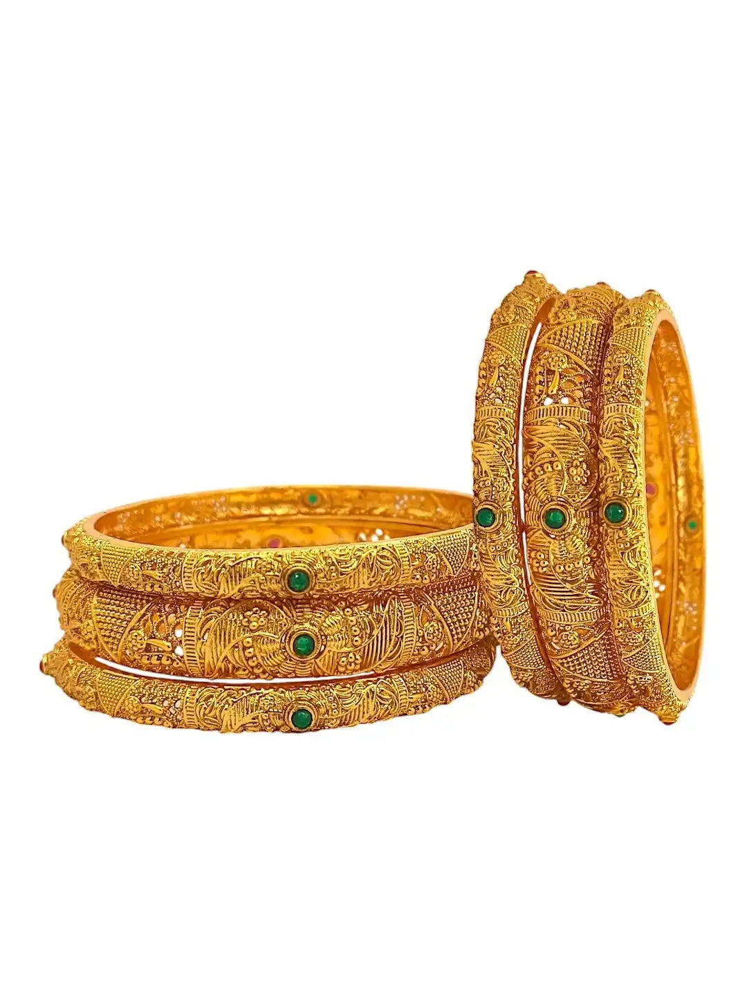 Set Of 6 Gold-Plated Green Stone Studded Bangles