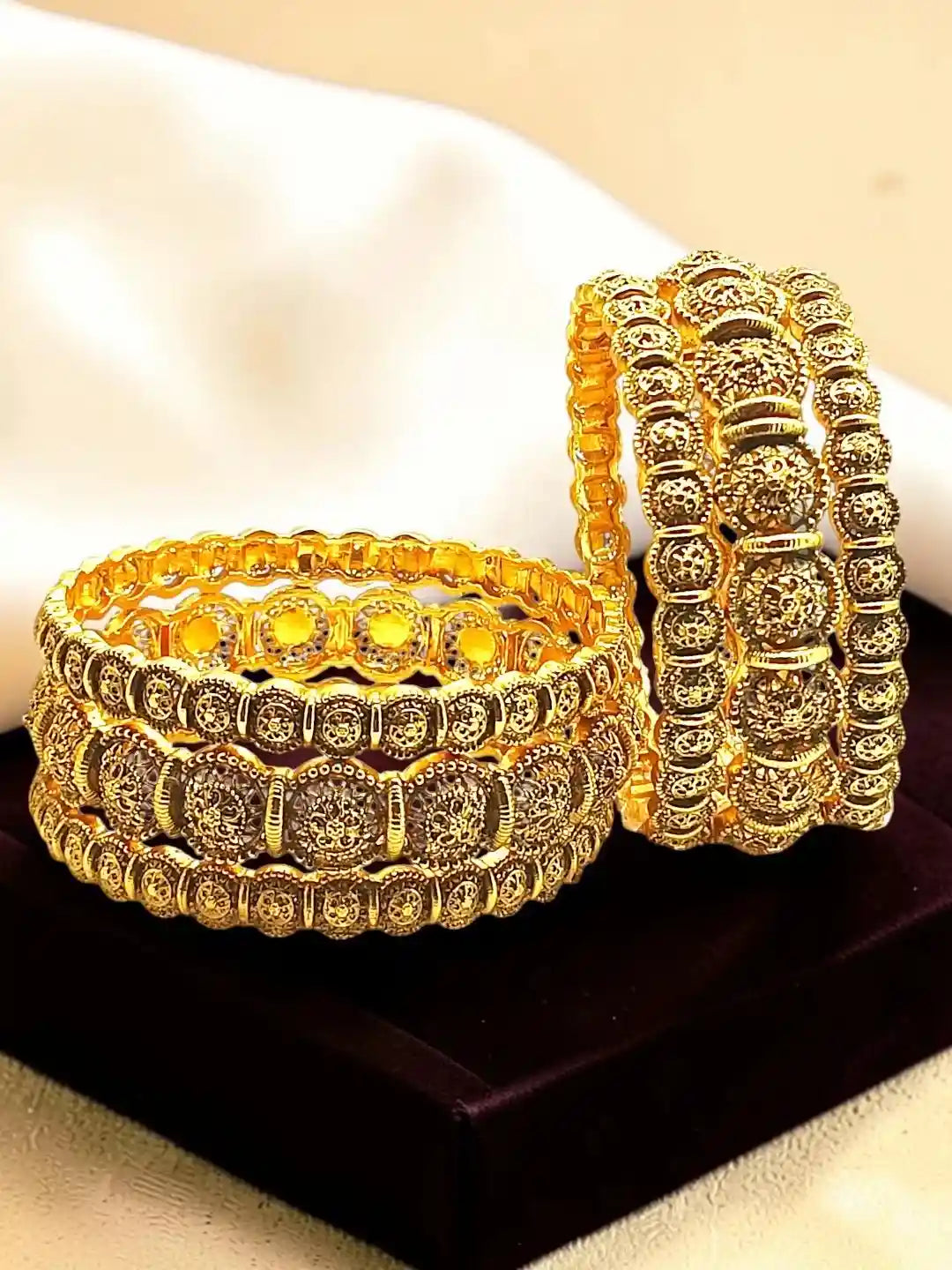 Set Of 6 Antique Gold Plated Filigree Design Bangle Set