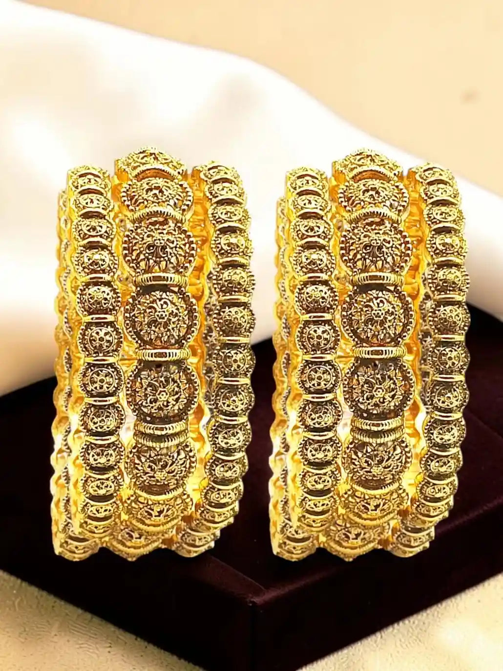 Set Of 6 Antique Gold Plated Filigree Design Bangle Set