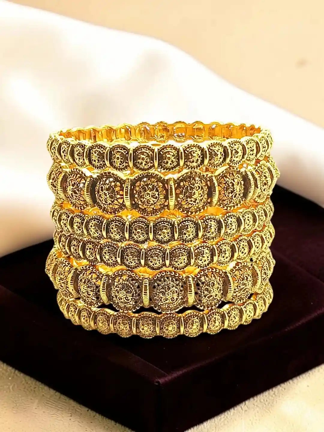 Set Of 6 Antique Gold Plated Filigree Design Bangle Set
