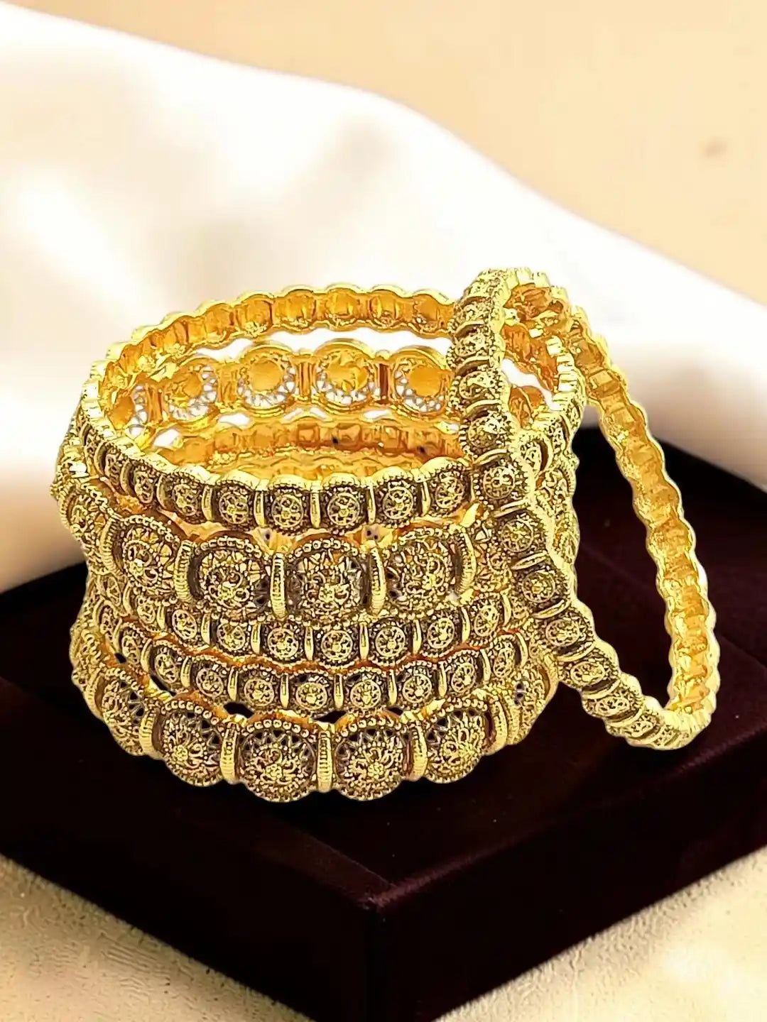 Set Of 6 Antique Gold Plated Filigree Design Bangle Set