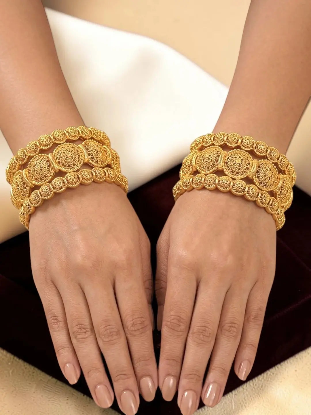 Set Of 6 Antique Gold Plated Filigree Design Bangle Set